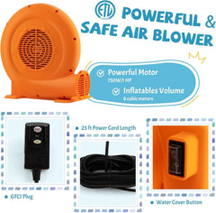 750W Air Blower (1.0HP) for Inflatables with 25 feet Wire and GFCI Plug