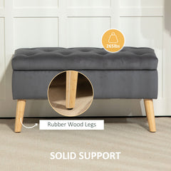 Storage Ottoman with Lid, Velvet Upholstered Storage Bench with Wood Legs for Living Room, Black