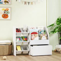 Kids Bookshelf and Toy Storage, 3-Tier Bookcase with 6 Removable Bins and Box for Toddler Nursery Playroom, White