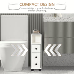 Slim Bathroom Cabinet with Wheels, Narrow Bathroom Storage Cabinet with Door, Drawer and 2 Open Compartments, White