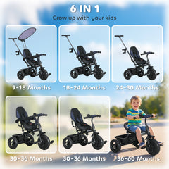 6 in 1 Kids Tricycle with Removable Handlebar and Canopy, Navy Blue