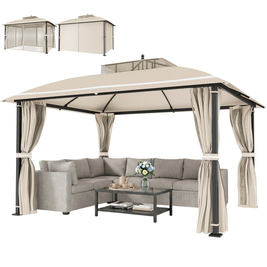 10' x 12' Outdoor Gazebo, Double Roof Patio Gazebo Canopy with Netting and Curtains for Garden, Lawn, Backyard, Deck