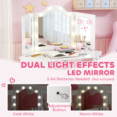Kids Vanity Table and Chair Set with Lights, Makeup Dressing Table with Tri-Fold Mirror for Ages 3-8 Years, White