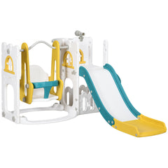 6-in-1 Slide and Swing Set Baby Swing Playset Indoor with Basketball Hoop, Climber, Storage Space, Telescope, Grey