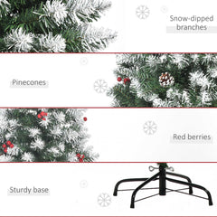 5ft Decorated Christmas Tree with Red Berries and Pine Cones, Flocked Christmas Tree with Pencil Shape, Green