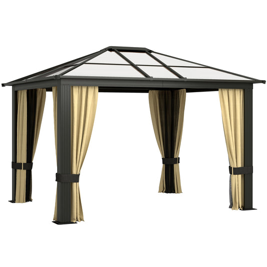 10' x 12' Hardtop Gazebo Canopy with Polycarbonate Roof, Aluminum Frame, Netting, Curtains and Ceiling Hook, Brown