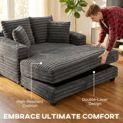 60" Chaise Lounge Chair, Oversized Upholstered Sofa Bed with Cup Holders & Pillows, Sleeper Couch for Living Room, Beige