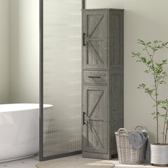 67" Tall Bathroom Cabinet, Narrow Bathroom Storage Cabinet with Drawer, Barn Doors and Adjustable Shelves, Black