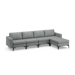 4 Seat L Shaped Modular Sectional Sofa, 123 in Wide with Movable Chaise Ottoman and 2 USB Ports, Grey