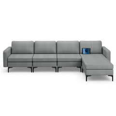 4 Seat L Shaped Modular Sectional Sofa, 123 in Wide with Movable Chaise Ottoman and 2 USB Ports, Grey