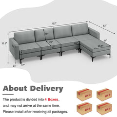 4 Seat L Shaped Modular Sectional Sofa, 123 in Wide with Movable Chaise Ottoman and 2 USB Ports, Grey