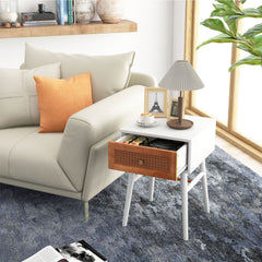 1-Drawer Modern Bedside Table with Rattan Front and Solid Wood Legs, White