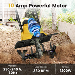10 Amp Powerful Corded Electric Tiller Cultivator with Safety Lock-Yellow