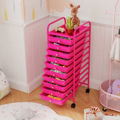 10 Drawer Rolling Storage Cart Organizer with 4 Universal Casters-Pink