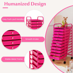 10 Drawer Rolling Storage Cart Organizer with 4 Universal Casters-Pink