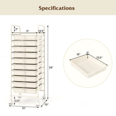 10 Drawer Rolling Storage Cart Organizer with 4 Universal Casters-White