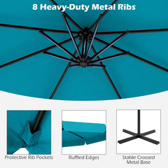 10 Feet Patio Cantilever Umbrella with Cover Tilt Adjustment and Ruffled Edge-Turquoise