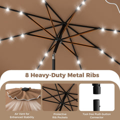 10 FT Outdoor Patio Umbrella with Solar LED Lights and Weighted Base-Brown