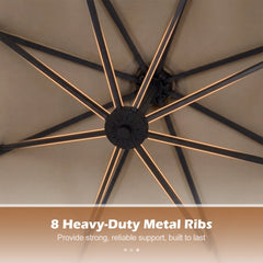 10 FT Solar LED Offset Cantilever Patio Umbrella Hanging Outdoor Market Umbrella-Brown
