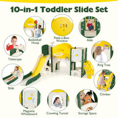 10 in 1 Toddler Slide Set Kids Slide and Climber Playset Indoor Playground-Yellow