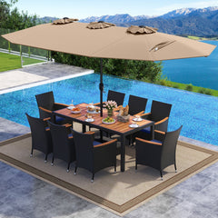 10 Piece Outdoor Patio Dining Set, 15 FT Double-Sided Twin Umbrella, 8 Stackable Rattan Chairs and Acacia Wood Table, Brown