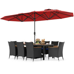 10 Piece Outdoor Patio Dining Set, 15 FT Double-Sided Twin Umbrella, 8 Stackable Rattan Chairs and Acacia Wood Table, Red