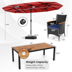 10 Piece Outdoor Patio Dining Set, 15 FT Double-Sided Twin Umbrella, 8 Stackable Rattan Chairs and Acacia Wood Table, Red
