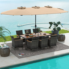 10 Piece Patio Wicker Dining Set with 15 FT Double-Sided Umbrella, 75 Inch Acacia Topped Table and 8 Grey Wicker Armchairs