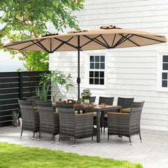 10 Piece Patio Wicker Dining Set with 15 FT Double-Sided Umbrella, 75 Inch Acacia Topped Table and 8 Grey Wicker Armchairs
