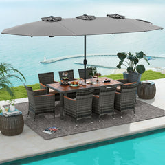 10 Piece Grey Wicker Patio Dining Set with 15 FT Double-Sided Umbrella, 75 Inch Acacia Topped Table and 8 Armchairs