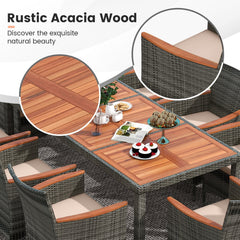 10 Piece Grey Wicker Patio Dining Set with 15 FT Double-Sided Umbrella, 75 Inch Acacia Topped Table and 8 Armchairs