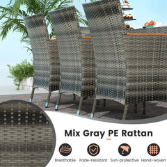 10 Piece Grey Wicker Patio Dining Set with 15 FT Double-Sided Umbrella, 75 Inch Acacia Topped Table and 8 Armchairs