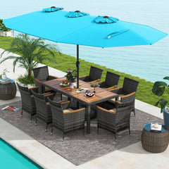 10 Piece Patio Wicker Dining Set with 15 FT Double-Sided Turquoise Umbrella, 75 Inch Acacia Table and 8 Armchairs