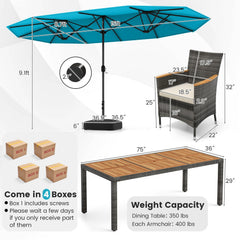 10 Piece Patio Wicker Dining Set with 15 FT Double-Sided Turquoise Umbrella, 75 Inch Acacia Table and 8 Armchairs