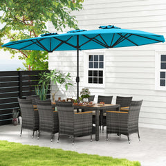 10 Piece Patio Wicker Dining Set with 15 FT Double-Sided Turquoise Umbrella, 75 Inch Acacia Table and 8 Armchairs