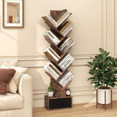 10 Tier Tree Bookshelf with Fabric Drawer, Narrow Bookcase, Rustic Brown