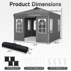 10 x 10 FT Pop Up Canopy Tent with 4 Sidewalls and Adjustable Height Waterproof-Gray