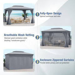10 x 13 Feet Patio Gazebo Double-Roof with Mesh Netting and Privacy Curtains-Gray