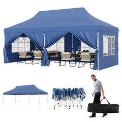 10 x 20 FT Pop up Canopy with 6 Sidewalls and Windows and Carrying Bag for Party Wedding Picnic-Blue