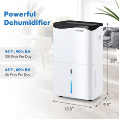 100 Pint Smart Wifi Dehumidifier with App and Alexa Control, 1.3 Gallon Tank, Auto Defrost, White