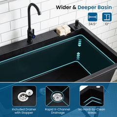100L Utility Sink Laundry Tub with Rotating Faucet and Storage Shelf-Black