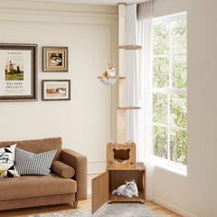101 to 108.5 Inch Floor to Ceiling Cat Tree with Hidden Litter Box Cabinet and Space Capsule, Brown