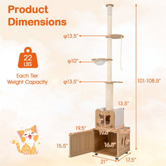 101 to 108.5 Inch Floor to Ceiling Cat Tree with Hidden Litter Box Cabinet and Space Capsule, Brown