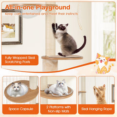 101 to 108.5 Inch Floor to Ceiling Cat Tree with Hidden Litter Box Cabinet and Space Capsule, Brown