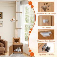 101 to 108.5 Inch Floor to Ceiling Cat Tree with Hidden Litter Box Cabinet and Space Capsule, Brown