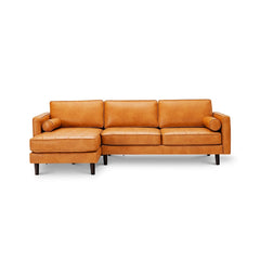 105 in Air Leather L Shaped Sectional Sofa with Chaise, 9 Birch Legs and 2 Bolster Pillows, Golden Brown