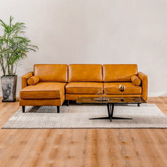 105 in Air Leather L Shaped Sectional Sofa with Chaise, 9 Birch Legs and 2 Bolster Pillows, Golden Brown