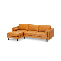 105 in Air Leather L Shaped Sectional Sofa with Chaise, 9 Birch Legs and 2 Bolster Pillows, Golden Brown