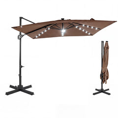 10 FT Cantilever Patio Umbrella with Solar LED Lights for Pool and Garden-Brown
