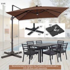 10 FT Cantilever Patio Umbrella with Solar LED Lights for Pool and Garden-Brown